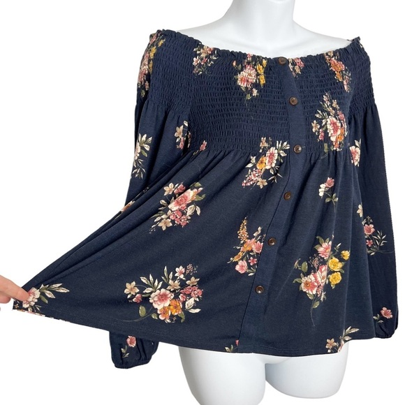 NWT Xhilaration Dark Floral Smocked Chest Babydoll Blouse - Picture 4 of 10